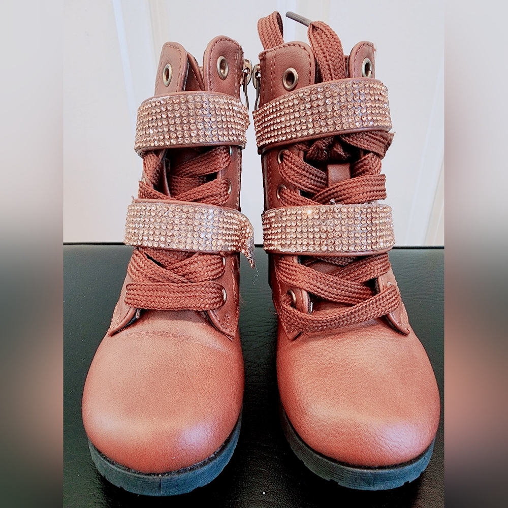Stylish Brown Rhinestone Combat Boots -Toddler Girls